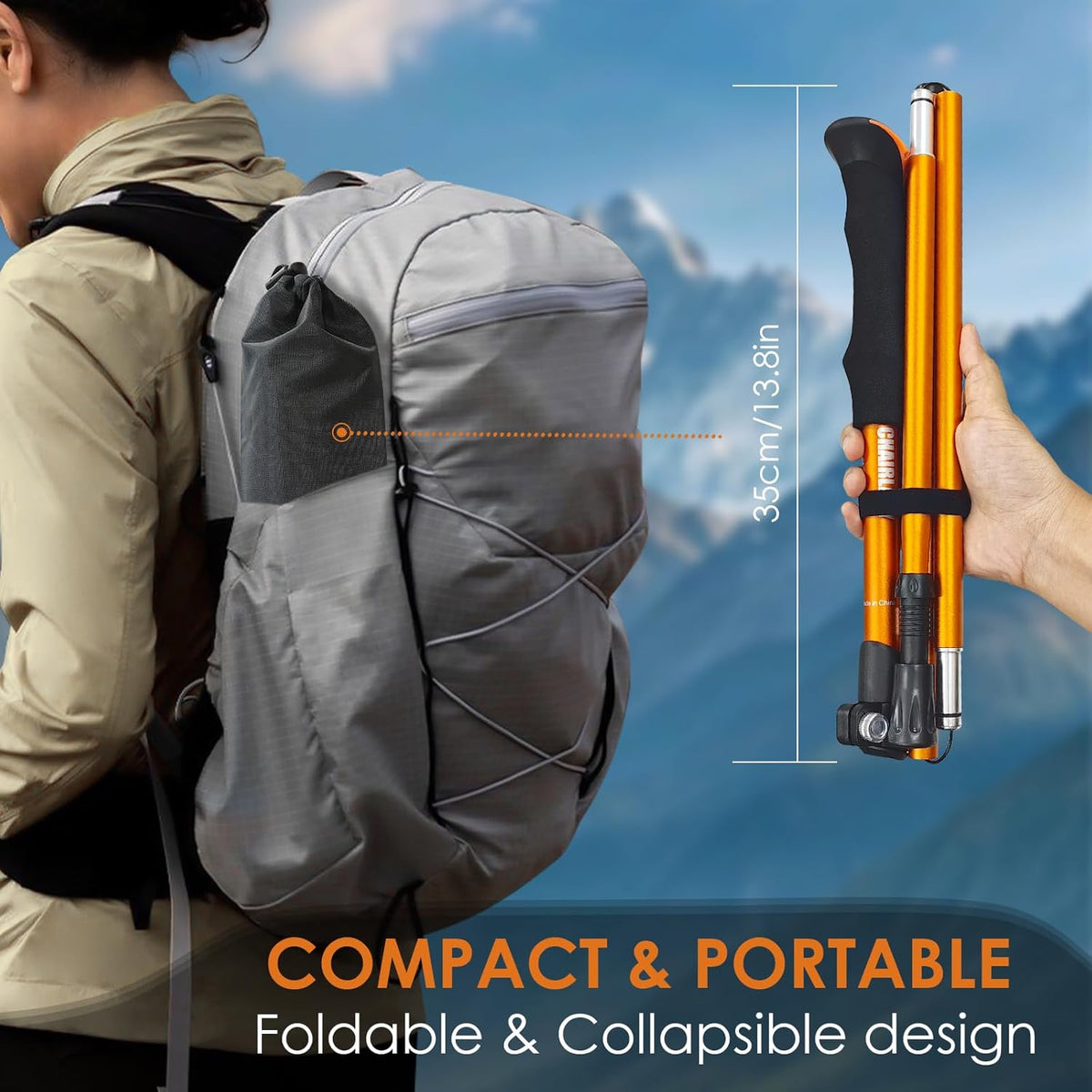 Collapsible Trekking Pole 7075 Aluminum Adjustable 43.3"-51.2" Hiking Pole Quick-Lock Design, Walking Sticks for Hiking/Camping/Travel (Matte Orange)